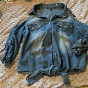 Open Shoulder Embellished Denim Shirt